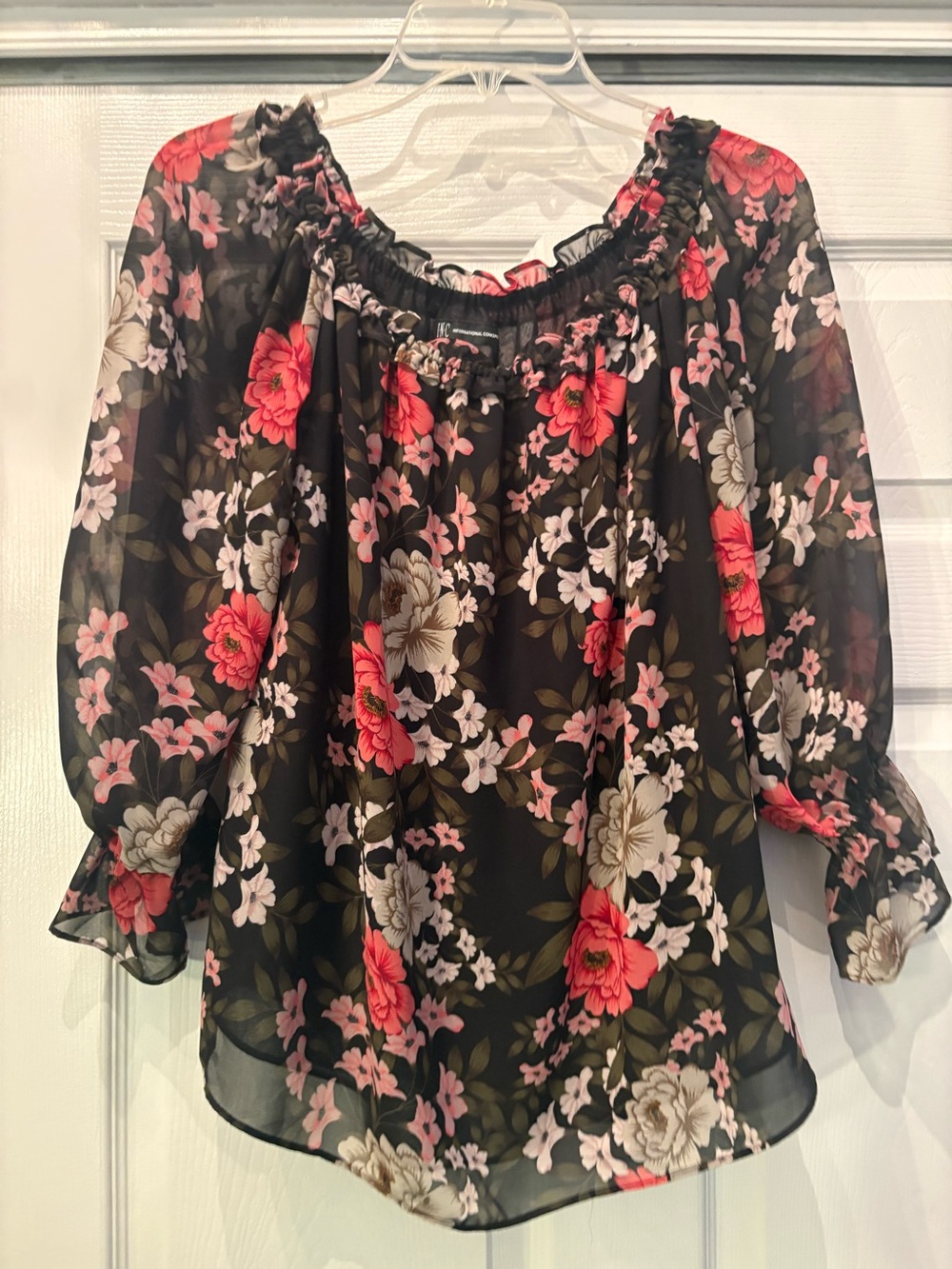 INC. Floral Off-Shoulder Peasant Top in Black and Coral